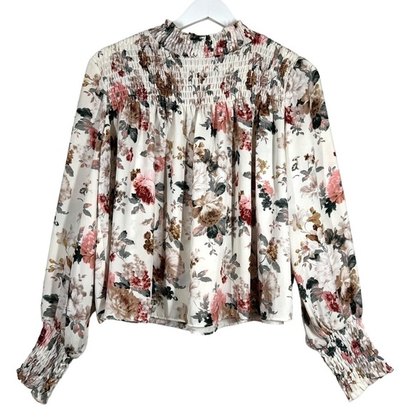 Labels Of Freedom Top Women's Size S Floral Smock Mock Neck Balloon Long Sleeve - Picture 11 of 11